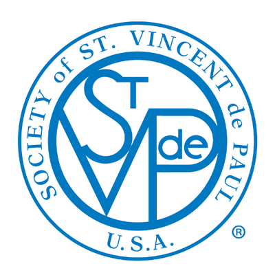 St. Vincent De Paul logo. The letters S T V P D E inside a circle that says Society of St. Vincent De Paul