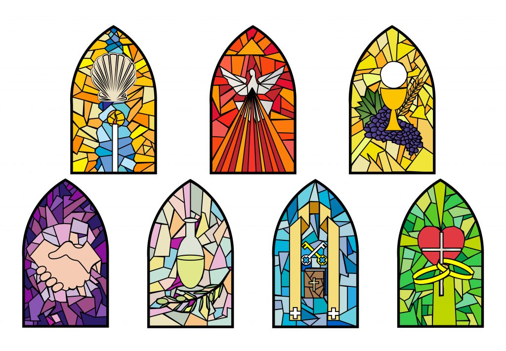 Symbols of the Seven Sacraments of the Catholic Church on stained glass windows.